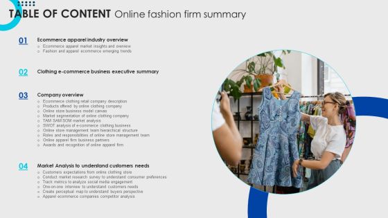 Table Of Content Online Fashion Firm Summary Ppt Styles Background Image PDF Table Of Content Online Fashion Firm Summary Ppt Styles Background Image PDF
