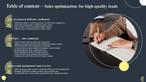 Table Of Content Sales Optimization For High Quality Leads Inspiration PDF