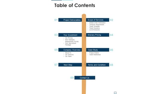 Table Of Contents Administrating Business Tour And Travel Service Proposal One Pager Sample Example Document Table Of Contents Administrating Business Tour And Travel Service Proposal One Pager Sample Example Document