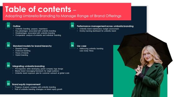 Table Of Contents Adopting Umbrella Branding To Manage Range Of Brand Offerings Slides PDF Table Of Contents Adopting Umbrella Branding To Manage Range Of Brand Offerings Slides PDF