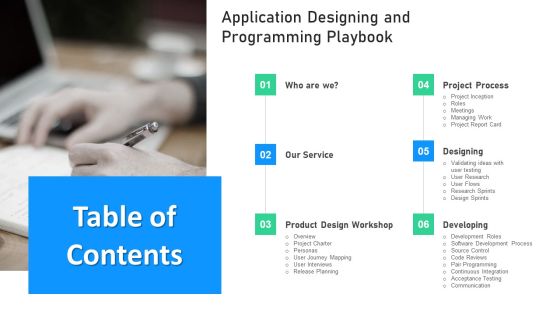 Table Of Contents Application Designing And Programming Playbook Infographics PDF Table Of Contents Application Designing And Programming Playbook Infographics PDF