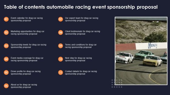 Table Of Contents Automobile Racing Event Sponsorship Proposal Brochure PDF Table Of Contents Automobile Racing Event Sponsorship Proposal Brochure PDF