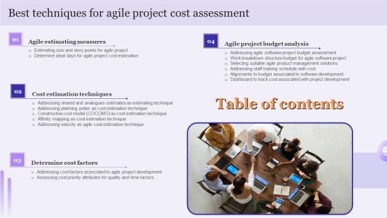 Table Of Contents Best Techniques For Agile Project Cost Assessment Ideas PDF Table Of Contents Best Techniques For Agile Project Cost Assessment Ideas PDF