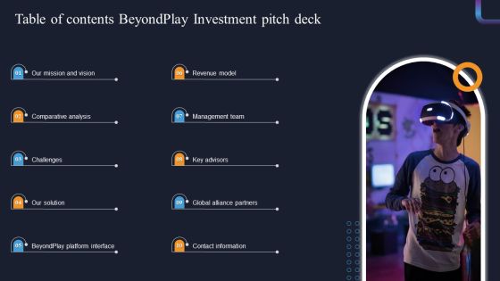 Table Of Contents Beyondplay Investment Pitch Deck Topics PDF Table Of Contents Beyondplay Investment Pitch Deck Topics PDF