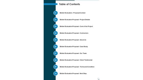 Table Of Contents Bidder Assessment Proposal One Pager Sample Example Document Table Of Contents Bidder Assessment Proposal One Pager Sample Example Document