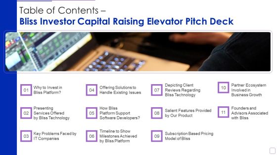 Table Of Contents Bliss Investor Capital Raising Elevator Pitch Deck Topics PDF Table Of Contents Bliss Investor Capital Raising Elevator Pitch Deck Topics PDF