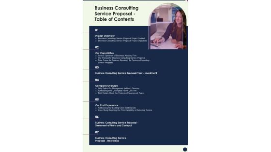 Table Of Contents Business Consulting Service Proposal One Pager Sample Example Document Table Of Contents Business Consulting Service Proposal One Pager Sample Example Document