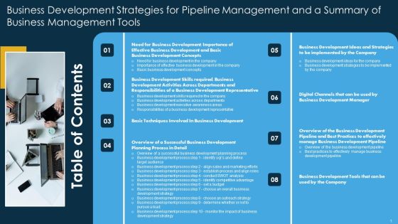 Table Of Contents Business Development Strategies For Pipeline Management And A Summary Of Business Management Tools Rules PDF Table Of Contents Business Development Strategies For Pipeline Management And A Summary Of Business Management Tools Rules PDF