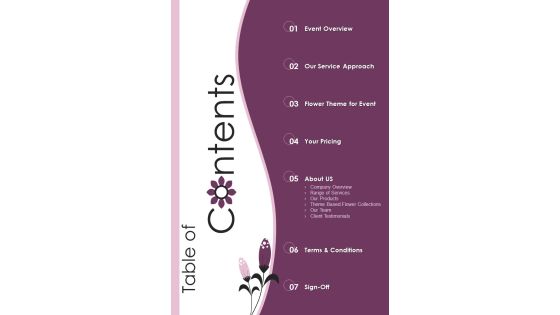 Table Of Contents Business Proposal For Event Florist Enterprise One Pager Sample Example Document Table Of Contents Business Proposal For Event Florist Enterprise One Pager Sample Example Document