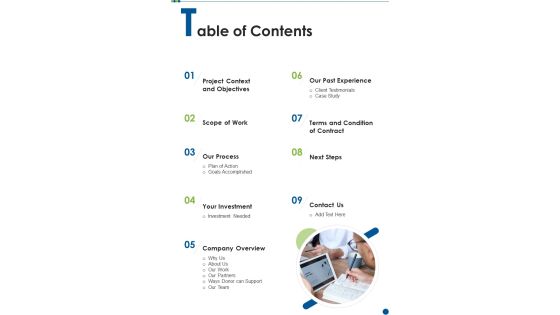 Table Of Contents CSR Activities Proposal One Pager Sample Example Document Table Of Contents CSR Activities Proposal One Pager Sample Example Document