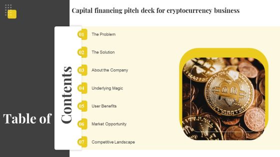 Table Of Contents Capital Financing Pitch Deck For Cryptocurrency Business Slides PDF Table Of Contents Capital Financing Pitch Deck For Cryptocurrency Business Slides PDF