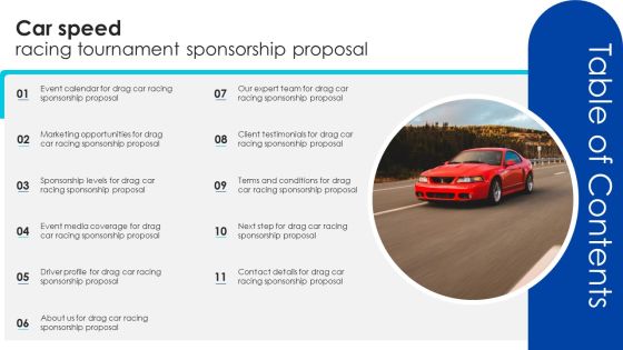 Table Of Contents Car Speed Racing Tournament Sponsorship Proposal Structure PDF Table Of Contents Car Speed Racing Tournament Sponsorship Proposal Structure PDF