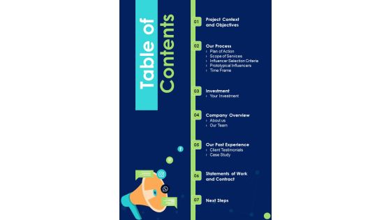 Table Of Contents Celebrity Endorsement Proposal One Pager Sample Example Document Table Of Contents Celebrity Endorsement Proposal One Pager Sample Example Document