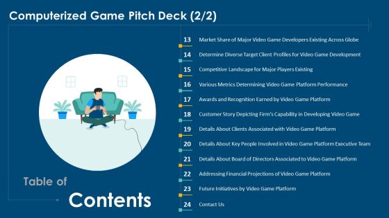 Table Of Contents Computerized Game Pitch Deck Development Topics PDF