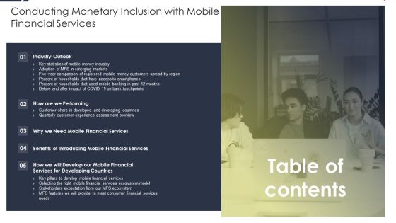 Table Of Contents Conducting Monetary Inclusion With Mobile Financial Services Template PDF Table Of Contents Conducting Monetary Inclusion With Mobile Financial Services Template PDF