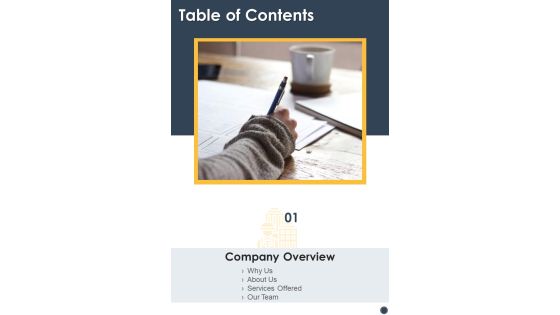 Table Of Contents Construction Inspection Proposal One Pager Sample Example Document Table Of Contents Construction Inspection Proposal One Pager Sample Example Document