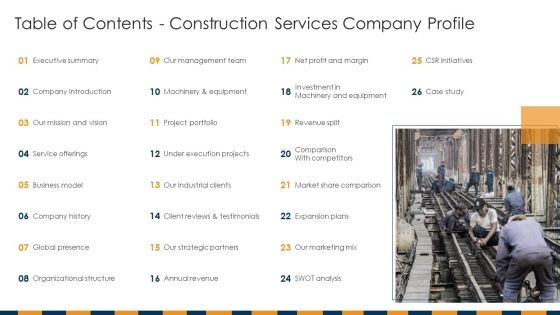 Table Of Contents Construction Services Company Profile Summary PDF Table Of Contents Construction Services Company Profile Summary PDF
