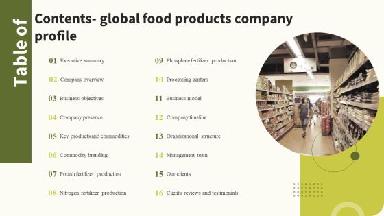Table Of Contents Contents Global Food Products Company Profile Pictures PDF Table Of Contents Contents Global Food Products Company Profile Pictures PDF