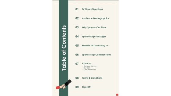 Table Of Contents Corporate Event Sponsorship Proposal One Pager Sample Example Document Table Of Contents Corporate Event Sponsorship Proposal One Pager Sample Example Document