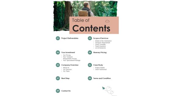 Table Of Contents Corporate Trips And Packages Proposal One Pager Sample Example Document Table Of Contents Corporate Trips And Packages Proposal One Pager Sample Example Document