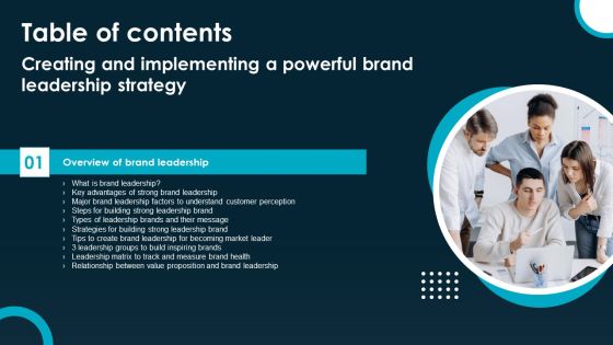 Table Of Contents Creating And Implementing A Powerful Brand Leadership Strategy Infographics PDF Table Of Contents Creating And Implementing A Powerful Brand Leadership Strategy Infographics PDF