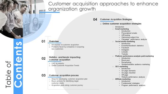 Table Of Contents Customer Acquisition Approaches To Enhance Organization Growth Graphics PDF