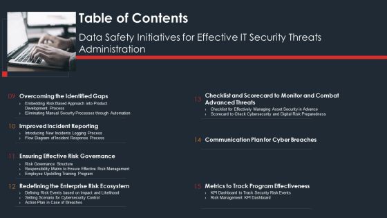 Table Of Contents Data Safety Initiatives For Effective IT Security Threats Administration Summary PDF Table Of Contents Data Safety Initiatives For Effective IT Security Threats Administration Summary PDF