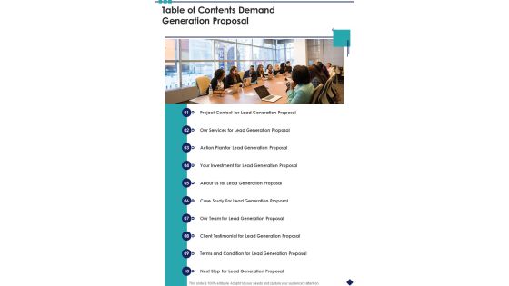 Table Of Contents Demand Generation Proposal One Pager Sample Example Document Table Of Contents Demand Generation Proposal One Pager Sample Example Document