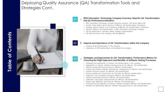Table Of Contents Deploying Quality Assurance QA Transformation Tools And Strategies Cont Summary PDF