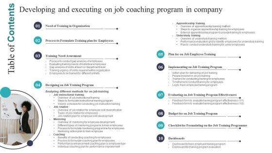 Table Of Contents Developing And Executing On Job Coaching Program In Company Slide Brochure PDF Table Of Contents Developing And Executing On Job Coaching Program In Company Slide Brochure PDF