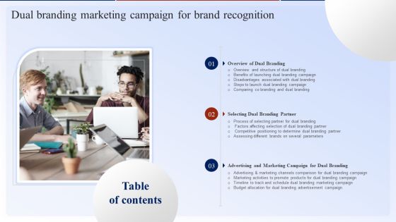 Table Of Contents Dual Branding Marketing Campaign For Brand Recognition Demonstration PDF Table Of Contents Dual Branding Marketing Campaign For Brand Recognition Demonstration PDF