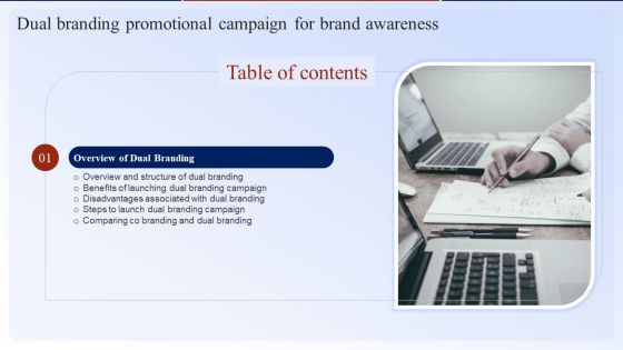 Table Of Contents Dual Branding Promotional Campaign For Brand Awareness Graphics PDF Table Of Contents Dual Branding Promotional Campaign For Brand Awareness Graphics PDF