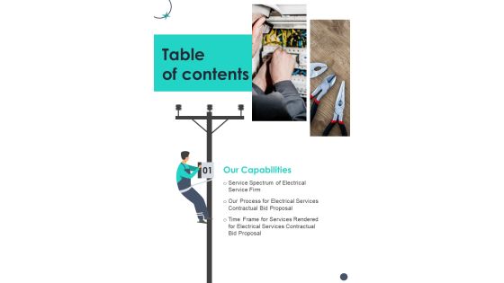Table Of Contents Electrical Services Contractual Bid Proposal One Pager Sample Example Document Table Of Contents Electrical Services Contractual Bid Proposal One Pager Sample Example Document