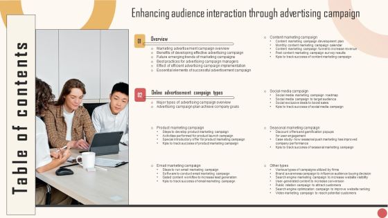 Table Of Contents Enhancing Audience Interaction Through Advertising Campaign Infographics PDF Table Of Contents Enhancing Audience Interaction Through Advertising Campaign Infographics PDF