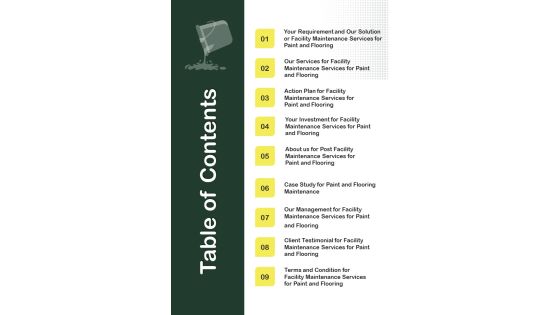 Table Of Contents Facility Maintenance Services For Paint And Flooring One Pager Sample Example Document Table Of Contents Facility Maintenance Services For Paint And Flooring One Pager Sample Example Document
