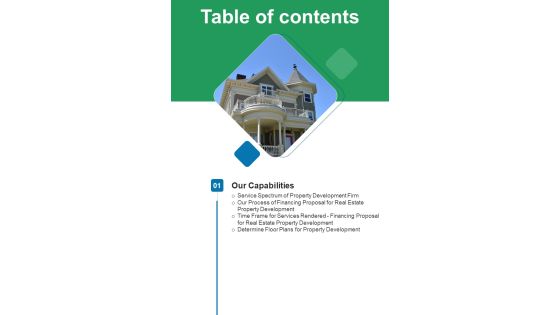 Table Of Contents Financing Proposal For Real Estate Property Development One Pager Sample Example Document