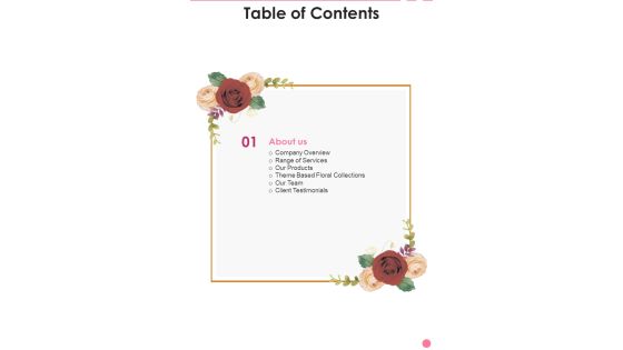Table Of Contents Floral Decorations Service Proposal One Pager Sample Example Document Table Of Contents Floral Decorations Service Proposal One Pager Sample Example Document