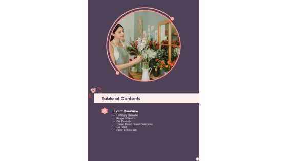 Table Of Contents Flower Decoration Business Proposal One Pager Sample Example Document Table Of Contents Flower Decoration Business Proposal One Pager Sample Example Document