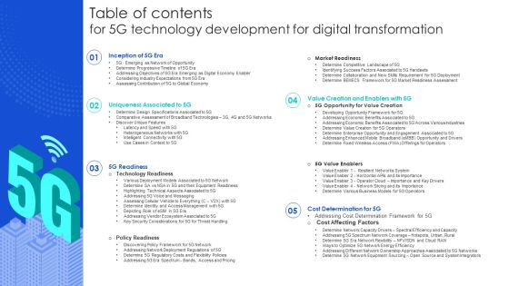 Table Of Contents For 5G Technology Development For Digital Transformation Graphics PDF Table Of Contents For 5G Technology Development For Digital Transformation Graphics PDF