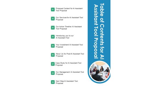 Table Of Contents For AI Assistant Tool Proposal One Pager Sample Example Document Table Of Contents For AI Assistant Tool Proposal One Pager Sample Example Document