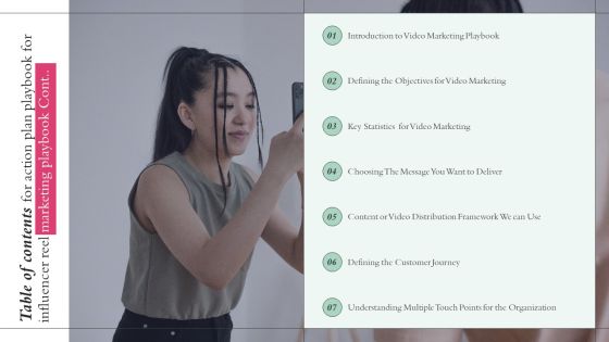Table Of Contents For Action Plan Playbook For Influencer Reel Marketing Playbook Cont Infographics PDF