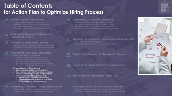 Table Of Contents For Action Plan To Optimize Hiring Process Slide Inspiration PDF Table Of Contents For Action Plan To Optimize Hiring Process Slide Inspiration PDF