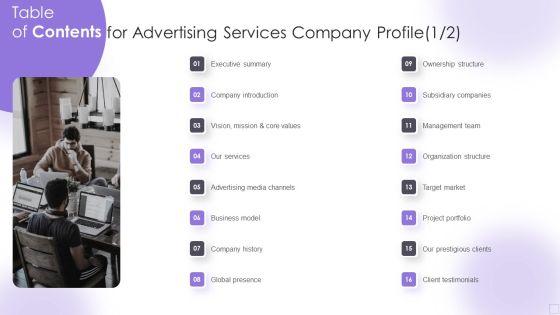 Table Of Contents For Advertising Services Company Profile Rules PDF