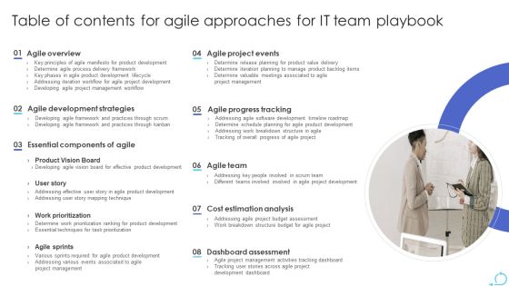 Table Of Contents For Agile Approaches For IT Team Playbook Sample PDF Table Of Contents For Agile Approaches For IT Team Playbook Sample PDF