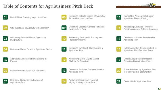 Table Of Contents For Agribusiness Pitch Deck Ppt PowerPoint Presentation Gallery Sample PDF Table Of Contents For Agribusiness Pitch Deck Ppt PowerPoint Presentation Gallery Sample PDF