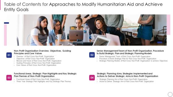 Table Of Contents For Approaches To Modify Humanitarian Aid And Achieve Entity Goals Slides PDF Table Of Contents For Approaches To Modify Humanitarian Aid And Achieve Entity Goals Slides PDF