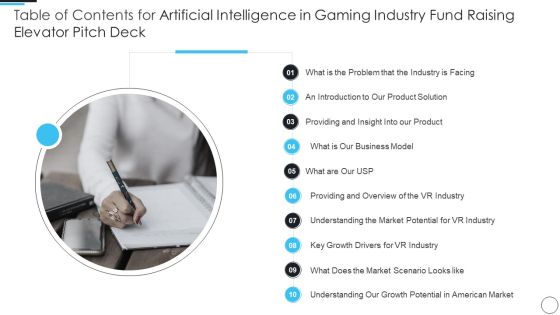 Table Of Contents For Artificial Intelligence In Gaming Industry Fund Raising Elevator Pitch Deck Business Elements PDF Table Of Contents For Artificial Intelligence In Gaming Industry Fund Raising Elevator Pitch Deck Business Elements PDF