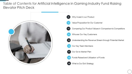 Table Of Contents For Artificial Intelligence In Gaming Industry Fund Raising Elevator Pitch Deck Ideas PDF Table Of Contents For Artificial Intelligence In Gaming Industry Fund Raising Elevator Pitch Deck Ideas PDF