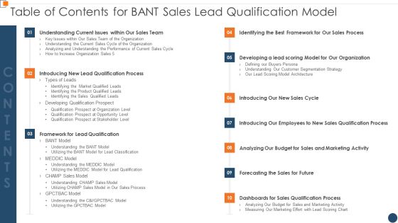 Table Of Contents For BANT Sales Lead Qualification Models Professional PDF Table Of Contents For BANT Sales Lead Qualification Models Professional PDF