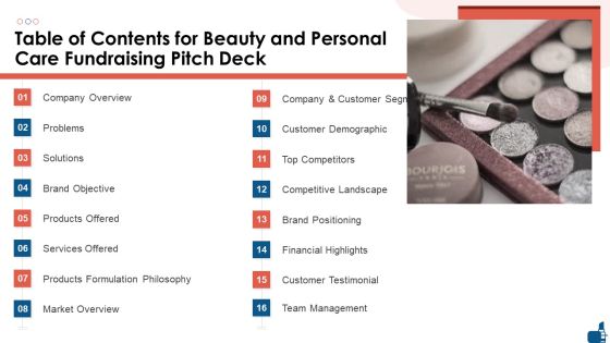 Table Of Contents For Beauty And Personal Care Fundraising Pitch Deck Ideas PDF Table Of Contents For Beauty And Personal Care Fundraising Pitch Deck Ideas PDF